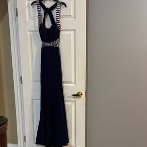 Elegant Navy Backless Gown NWT
